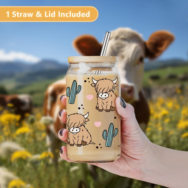 LEADO كوب قهوة لطيف من LEADO Highland Cow سعة 16 أونصة مع أغطية وقش - هدايا بقرة المرتفعات للنساء والفتيات والأم - هدايا عيد ميلاد الأم لمحبي القهوة ورعاة البقر والأشياء اللطيفة - Image 5